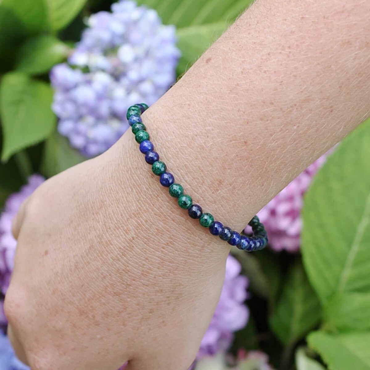 Azurite Malachite Gemstone Stretch Dainty Bracelet Minimalist 4mm Round Beads