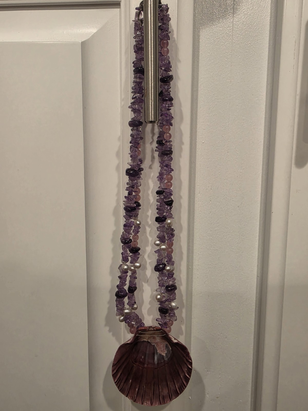 Purple Shell Pendant Beaded Necklace w/ Amethyst Chips & Pearls Beach Theme