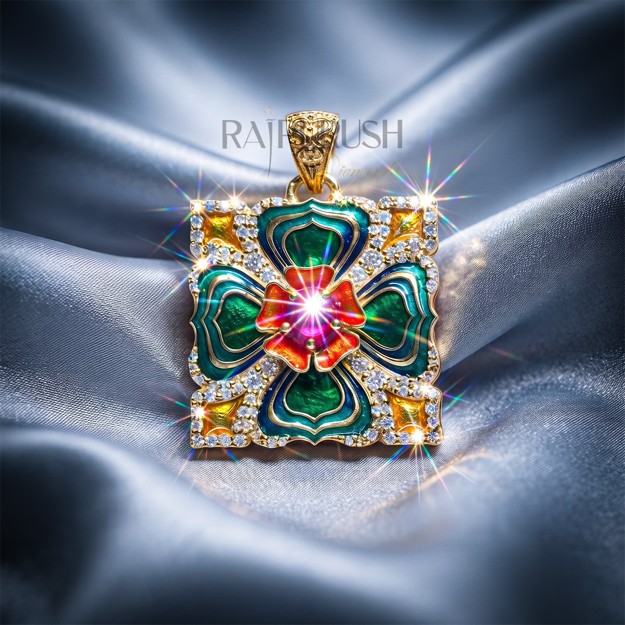 Iced Out Moissanite Enamel Vintage Floral Cross Pendant Gold Plated Silver Charm