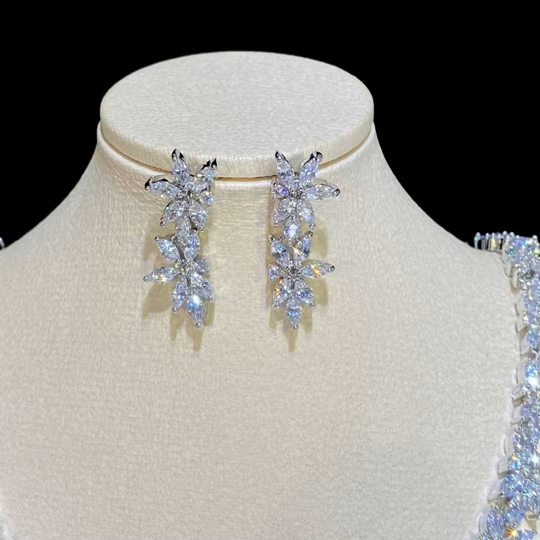 Luxury Elegant Jewelry Sets Bridal Long Necklace Earrings Zirkonia Wedding