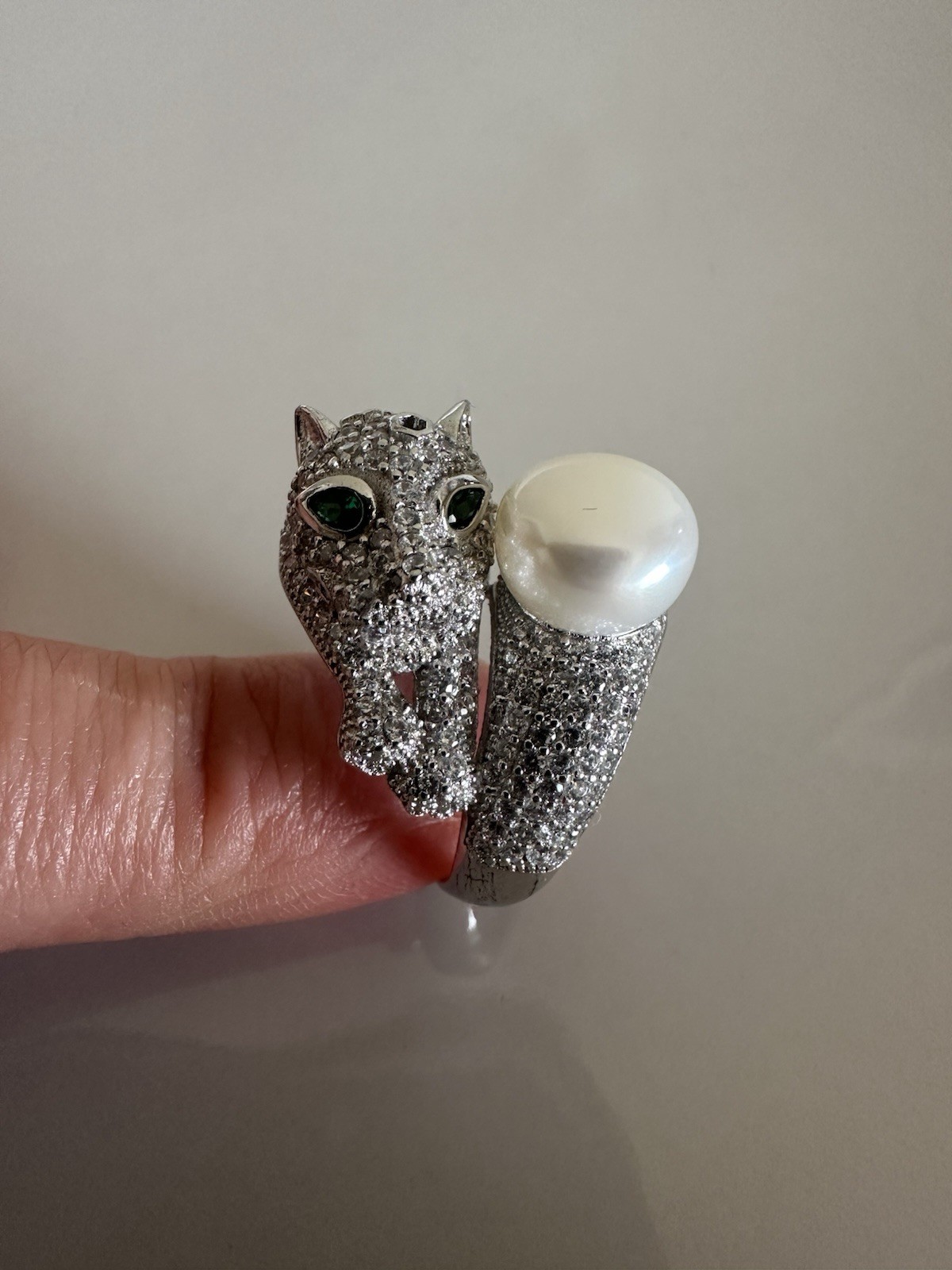 Ring 925 Silver Panther Head, Green Eye Cubic Zirconia With Pearl 7_8 Size
