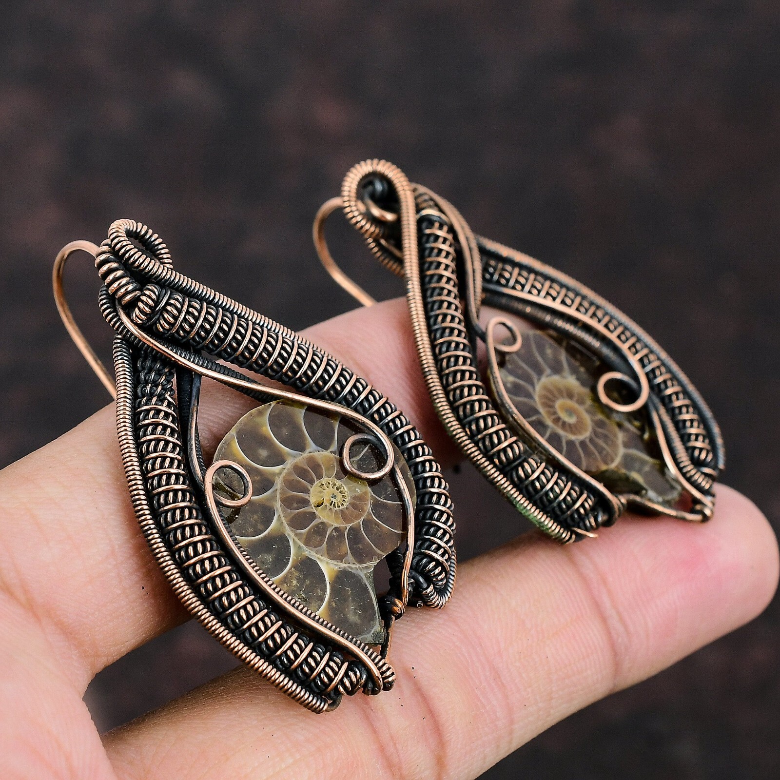 Ammonite Fossil Wire Wrapped Drop/Dangle Earrings Copper Jewelry For Girls 2.28″