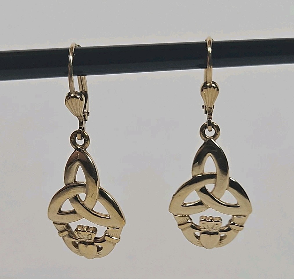 Triquetra Claddagh Earrings Celtic Dangle Drops Pierced Gold tone Signed Soldor