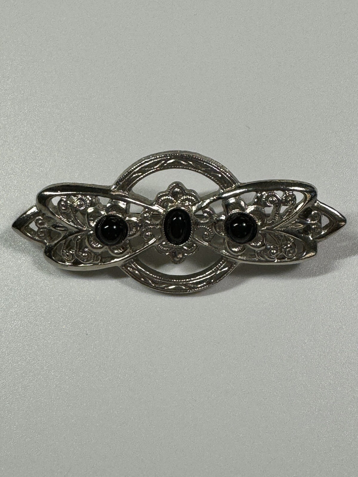 Vintage Silver Tone Brooch Bow Pin w/ Black Faux Onyx, Gothic, Victorian Style