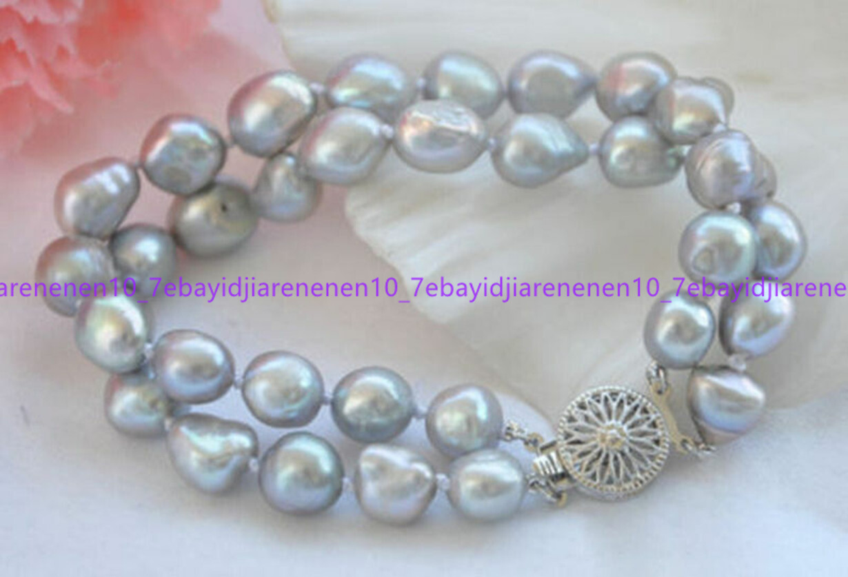 2 Rows Natural Gray 7-8/8-9/9-10mm Baroque Freshwater Pearl Bracelets 7.5 in