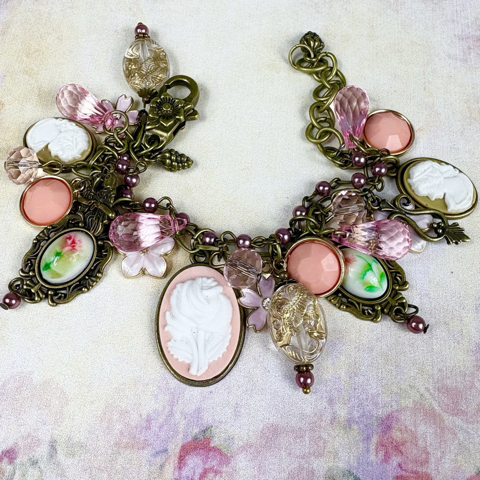 Vintage Style Charm Bracelet Cameo Pink Brass Chain