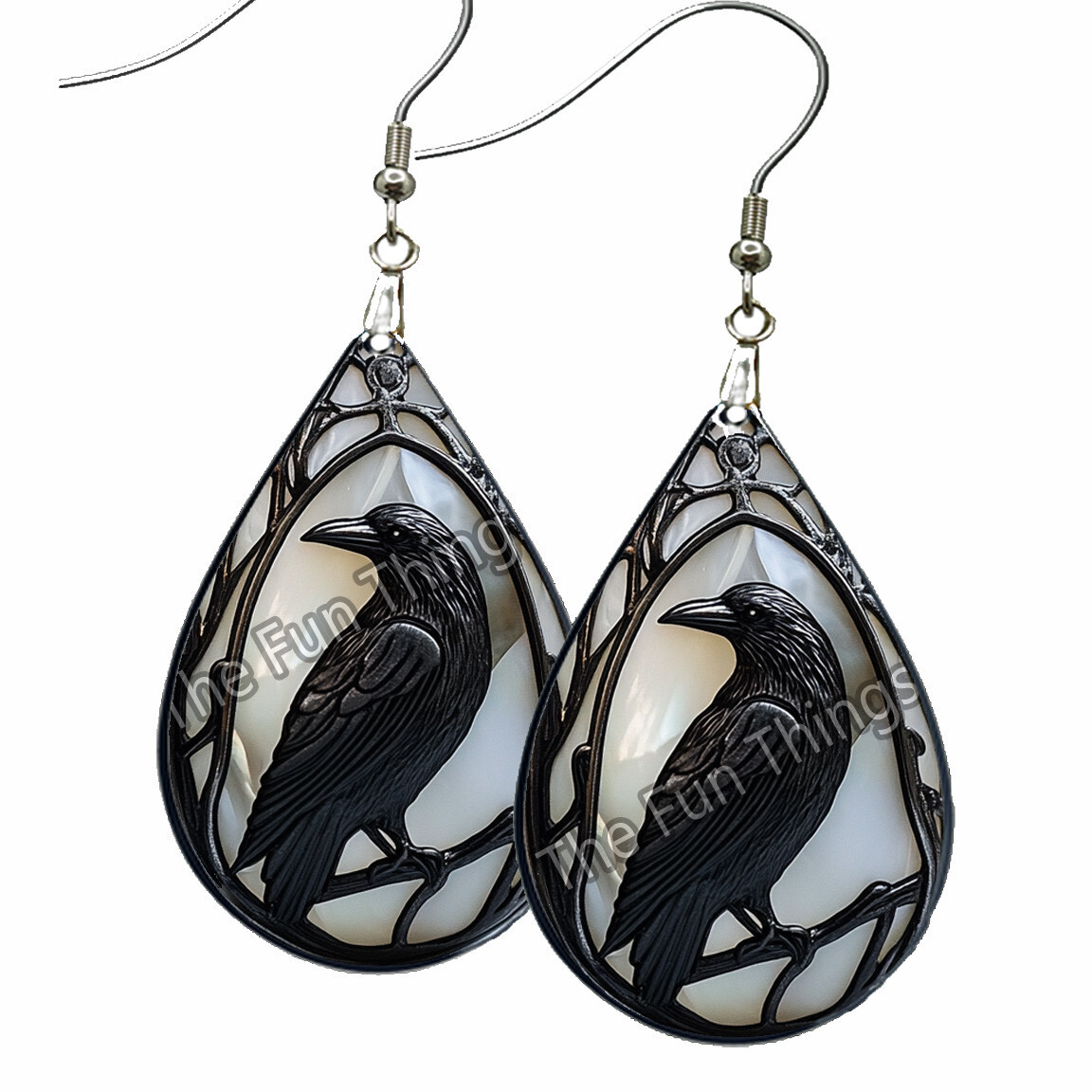Faux Glass Art Print Gothic Raven Earrings NO TARNISH Wood Teardrop Pagan Wicca