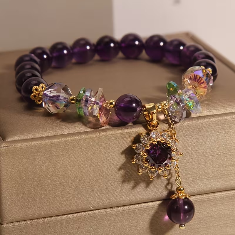 Elegant Purple Beaded Bracelet with Sparkling Crysal Stretchable about 7-8 inch