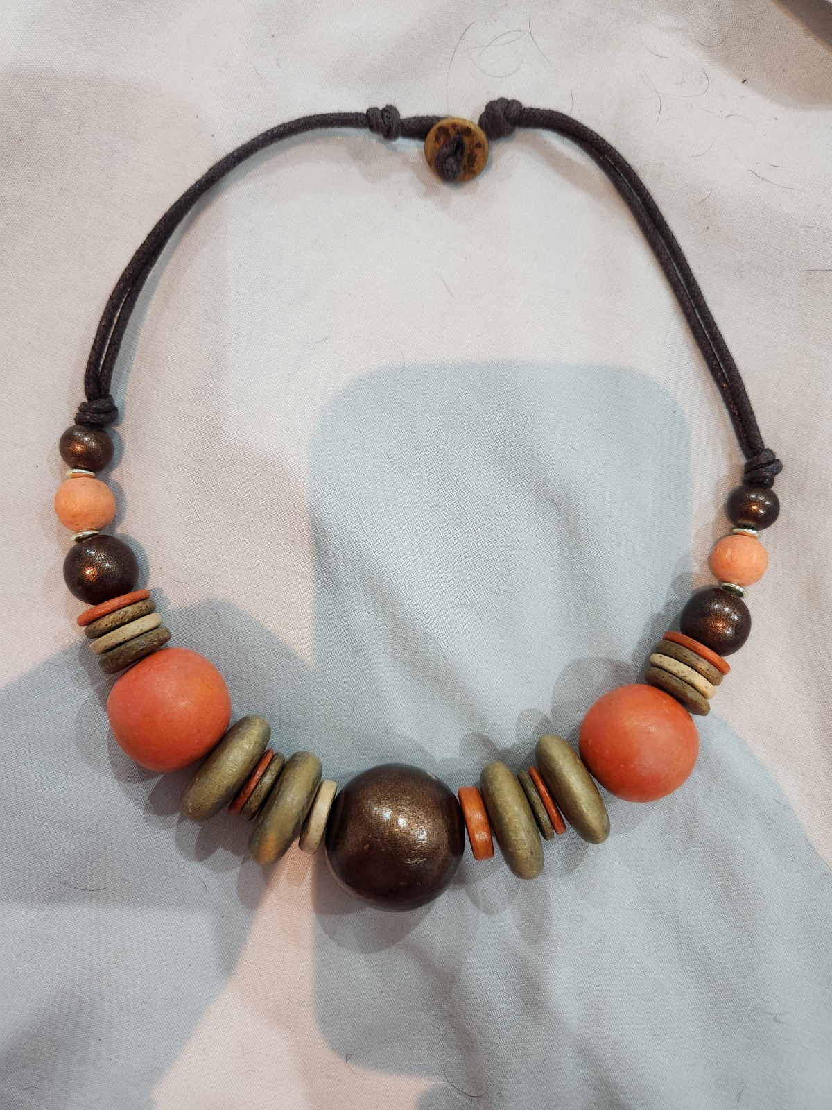 Boho Wooden Bead Statement Necklace Orange Brown Adjustable Cord Festival Style