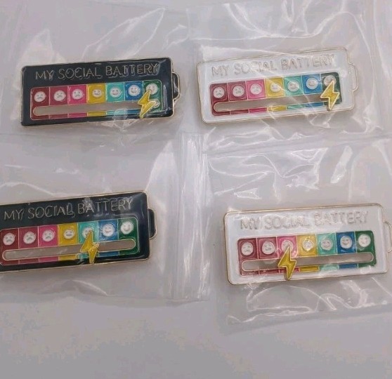 “My Social Battery” Enamel Metal Lapel Pin/Brooch 2-Pack White & Black