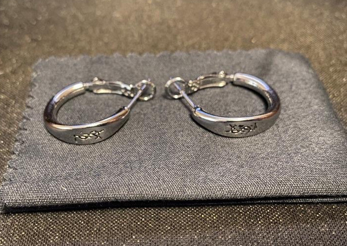 YSL Saint Laurent Silver Plated Stamped Small Logo Hoop Stud Earrings .75 inch