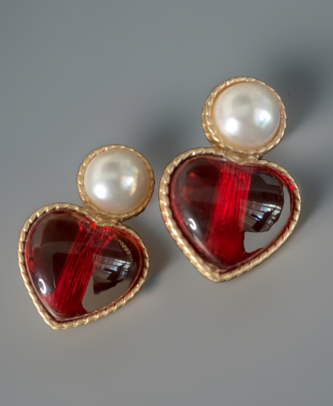 French Gripoix Style Heart Clip On Earrings Pearl Red glass heart Gold Tone