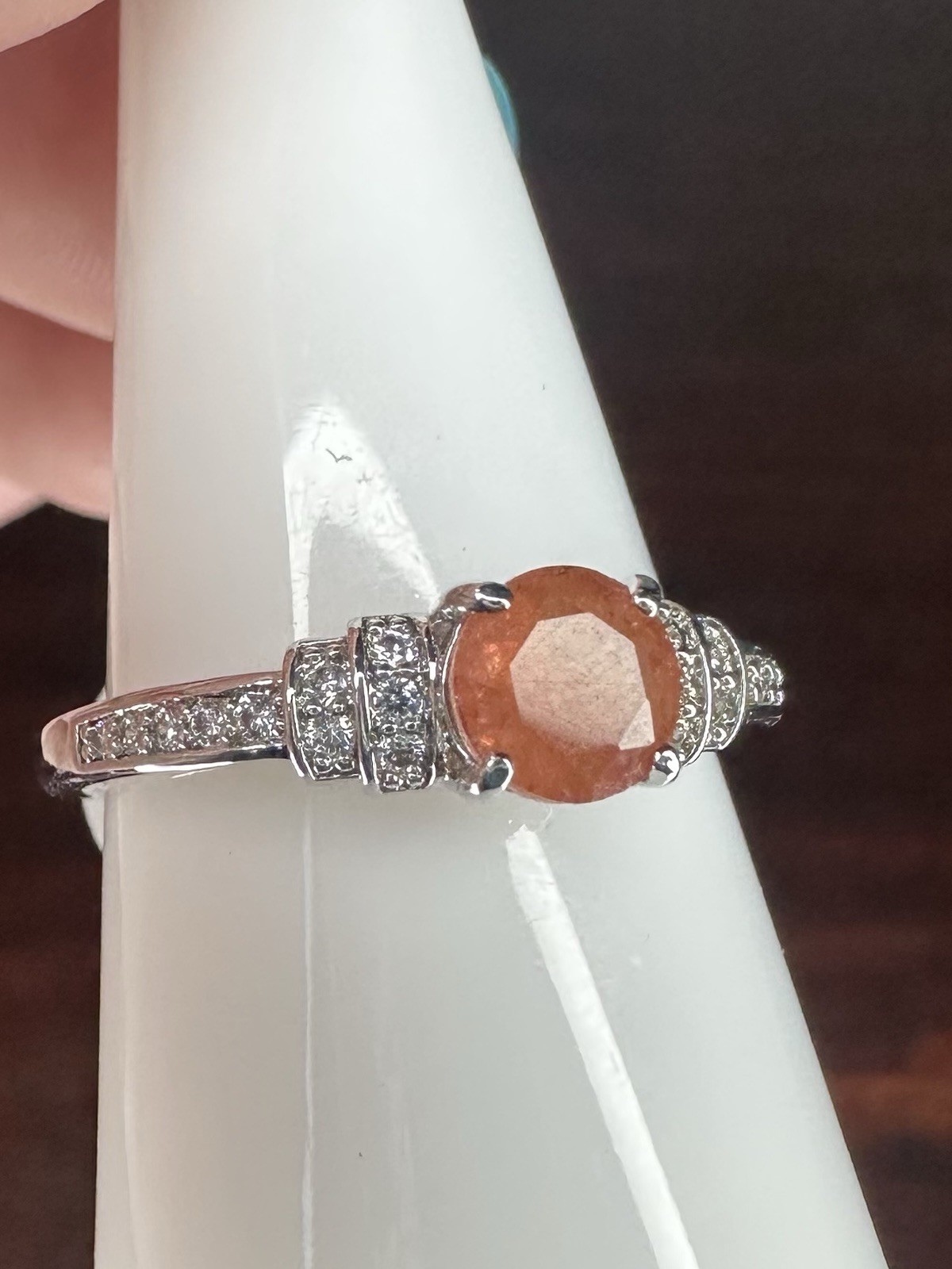 Bomb Party Ring- 2176- Treated Genuine Quartz/Lab Orange- Size 9- Rhodium Plated