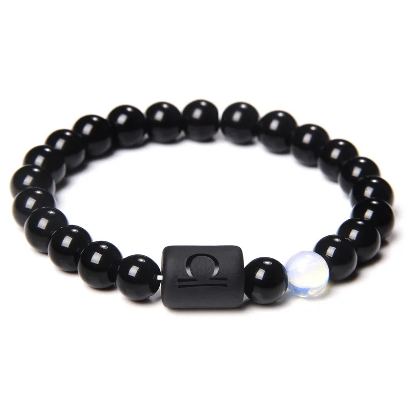 12 Constellation Zodiac Beads Couples Bracelet Natural Black Onyx Elastic Charm