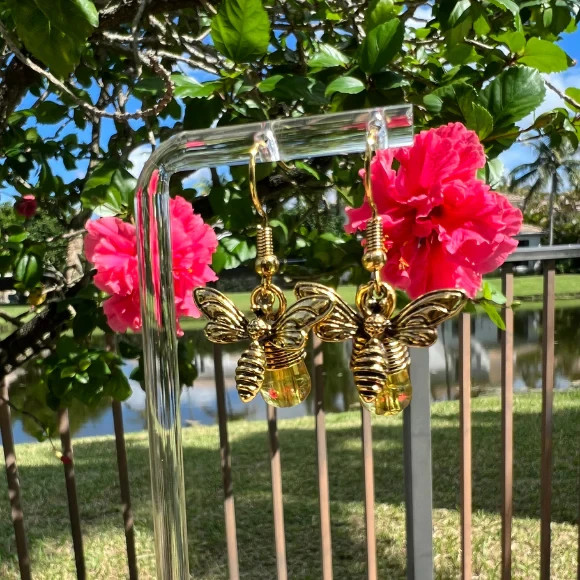 Amber Honey Bee Earrings Gold Drop Dangle Vintage Boho Gift for Women
