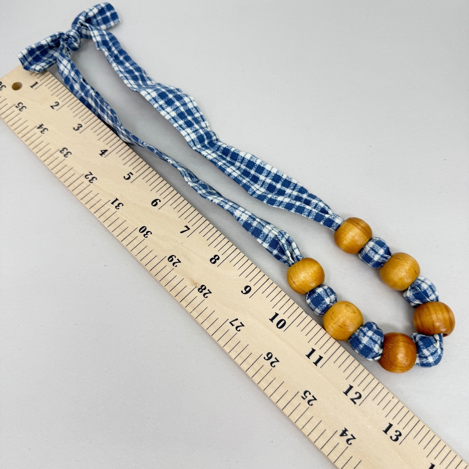 Blue Gingham Fabric Tie Necklace with Natural Wood Beads Cottagecore Vintage 80s