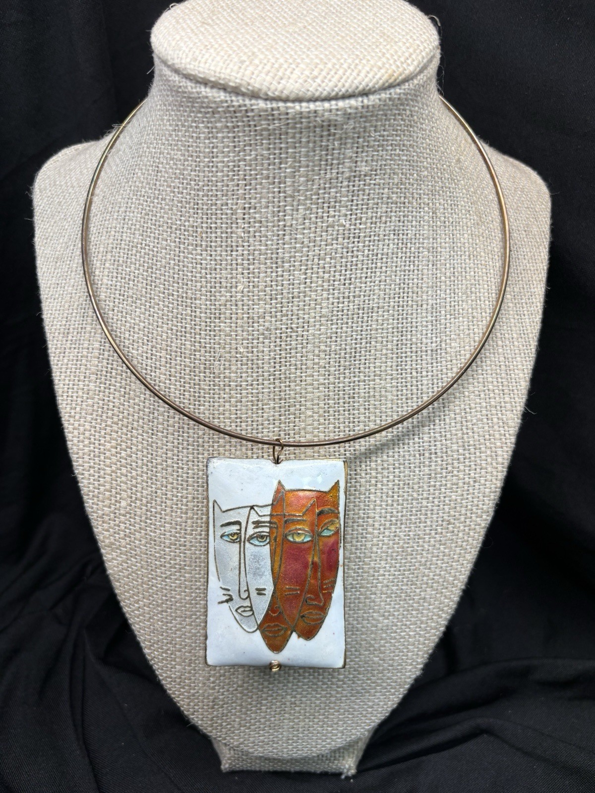 Artisan Copper Enamel Abstract Faces Pendant Necklace Picasso Style TorqueCollar