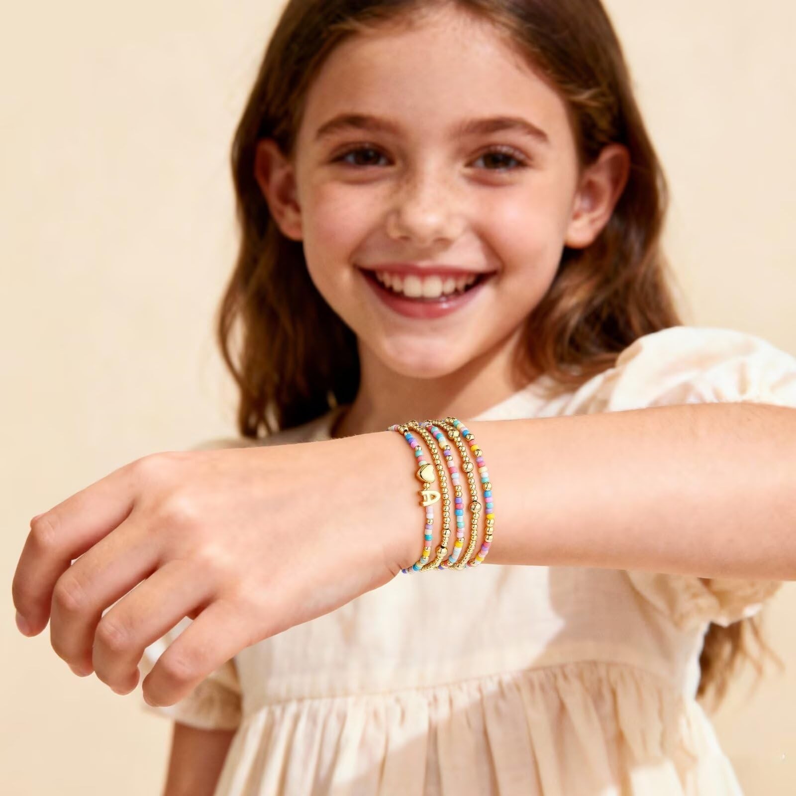 Colorful Beaded Bracelets Set – 5PCS Cute Heart Initial Stretch Jewelry for Girl