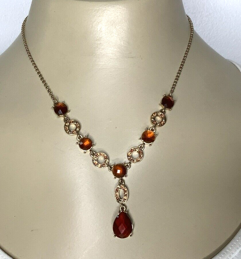 Liz Claiborne Amber Teardrop Pendant Y-Drop Necklace Goldtone 747