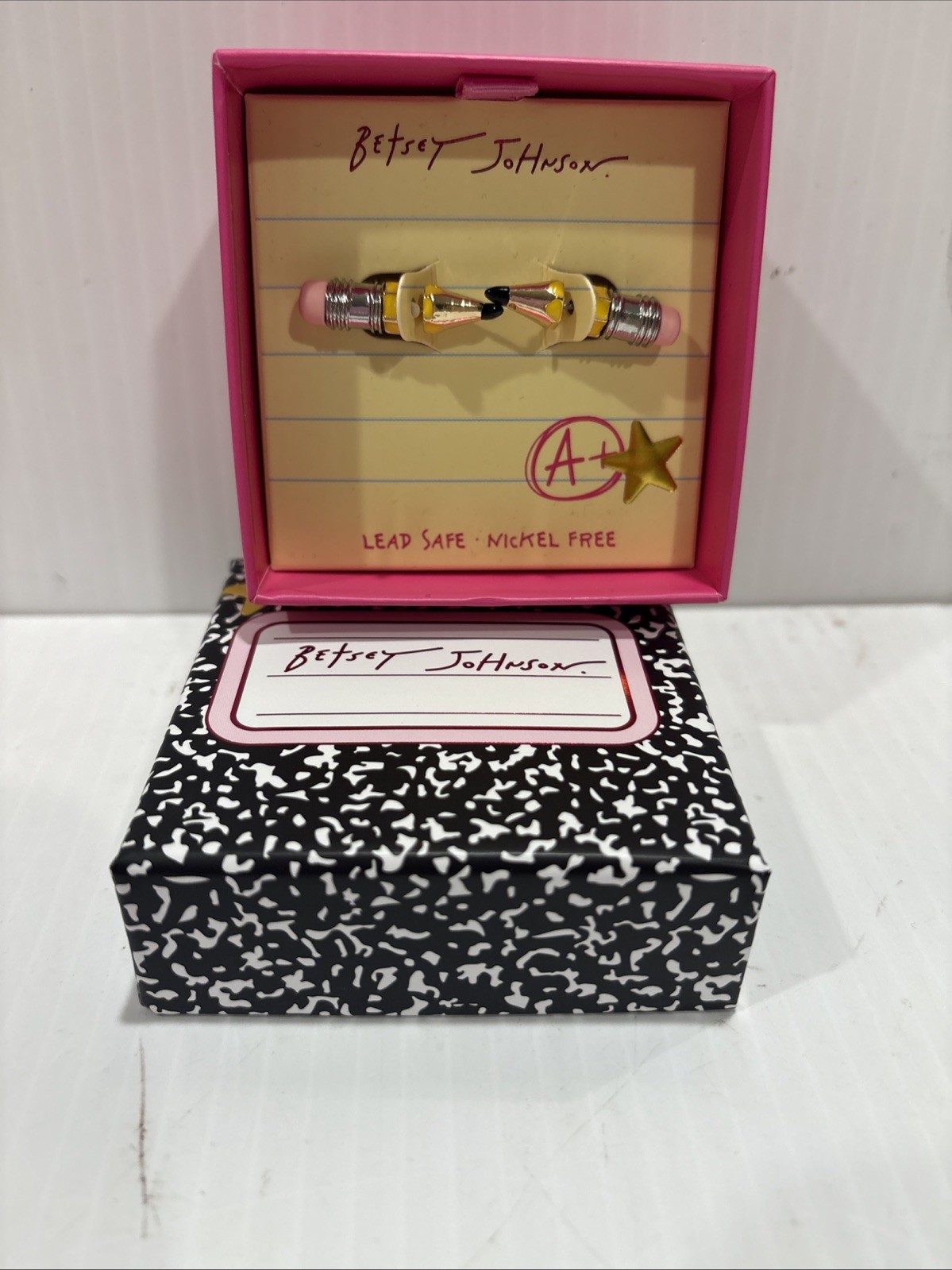 Betsey Johnson Silver Tone & Yellow Enamel Pencil Front Back Stud Earrings NWT