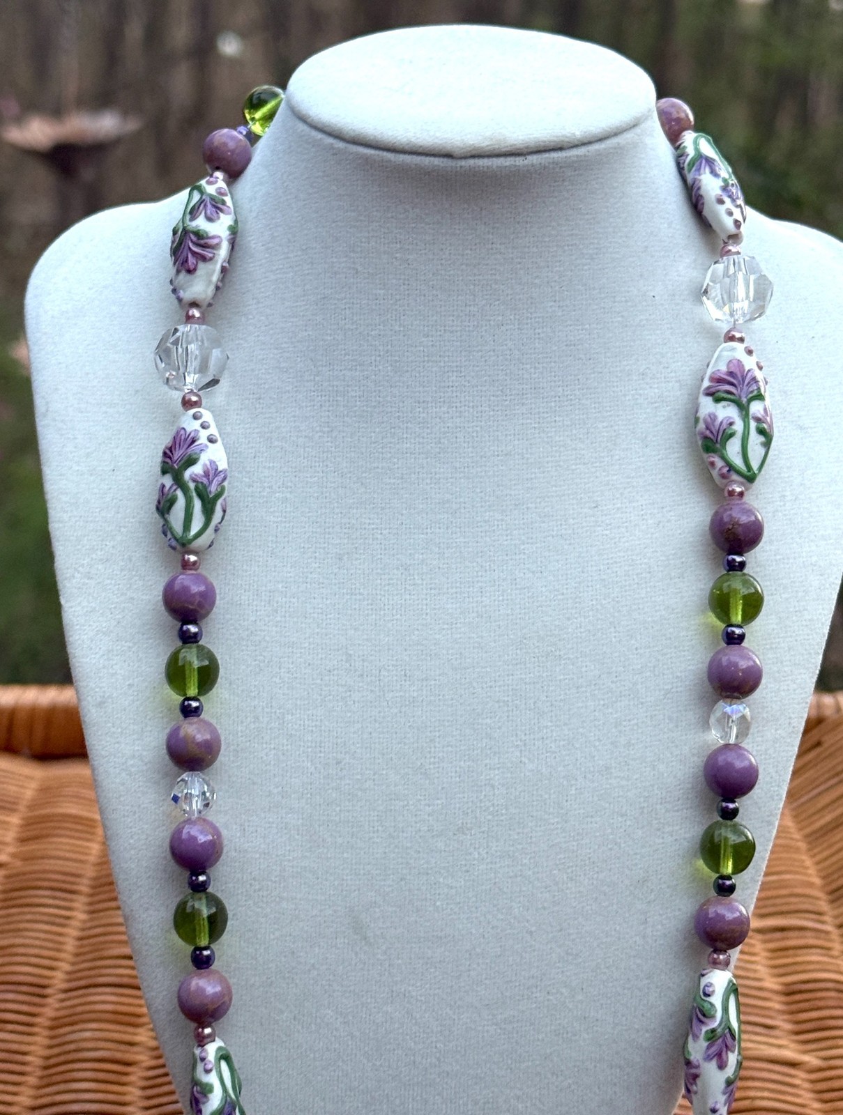 Vtg Artisan Made Hand Painted Beaded Necklace w/ Glass Crystals Purple Green