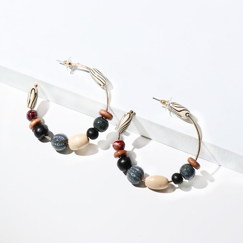 Wooden Beaded Hoop Earrings, 4 Colors, Your Choice Yellow, Blue, Black or Brown