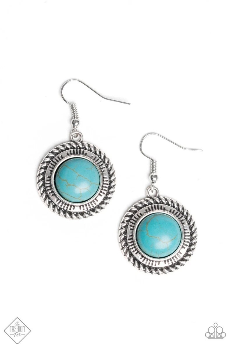 Paparazzi Silver Tone Round Blue Turquoise Bezel Dangle/Drop Hook Earrings