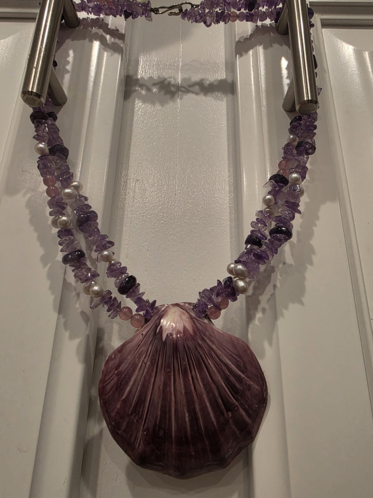 Purple Shell Pendant Beaded Necklace w/ Amethyst Chips & Pearls Beach Theme