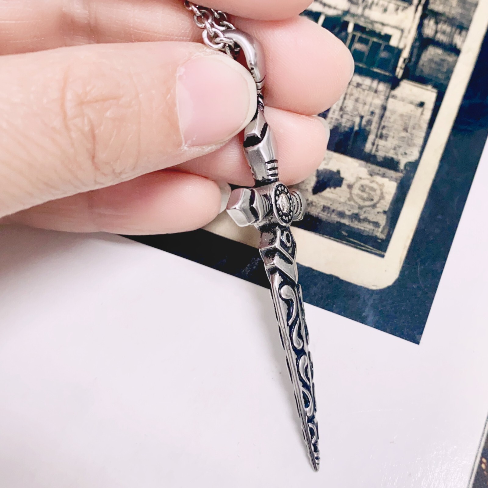 sword necklace tattoo pattern two clear crystal blacken stainless steel pendant