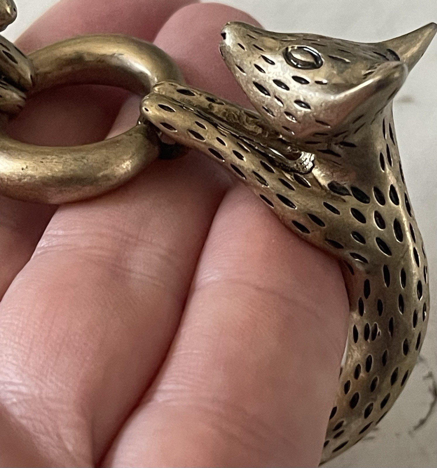 Vintage Gold Bronze Brass Metal Double Fox Head Cuff Bracelet Heavy Unique
