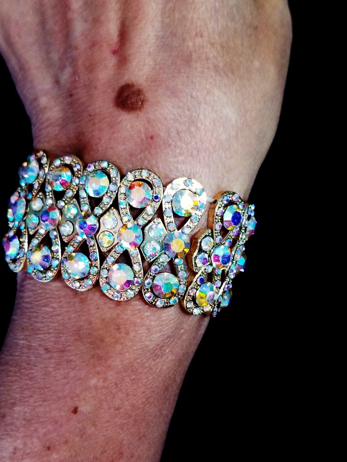Iridescent Gold Stretch Rhinestone Bracelet Statement Prom Bridal Drag Jewelry