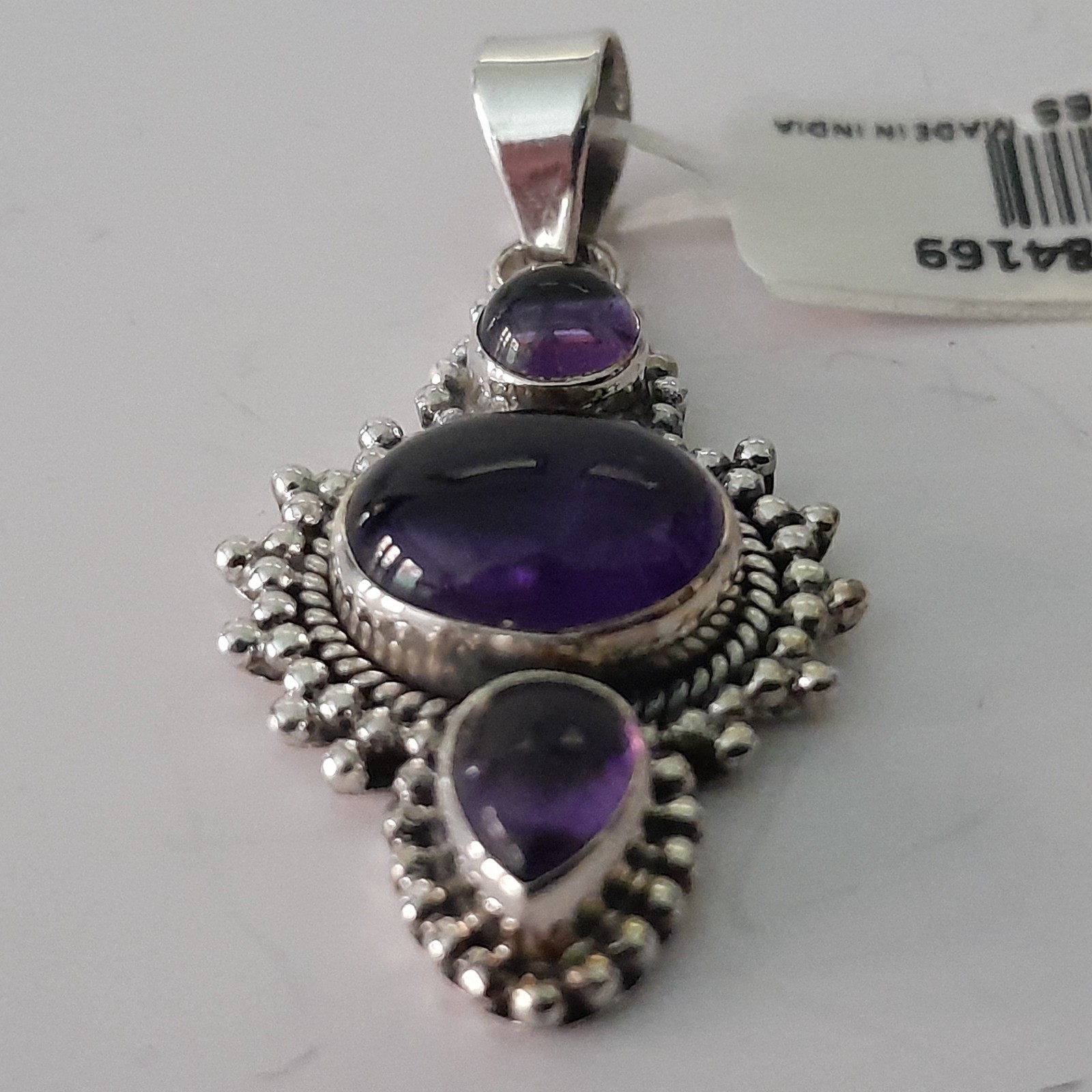 925 Sterling Silver Three Stone Purple Cabochon Pendant 925 India NWT