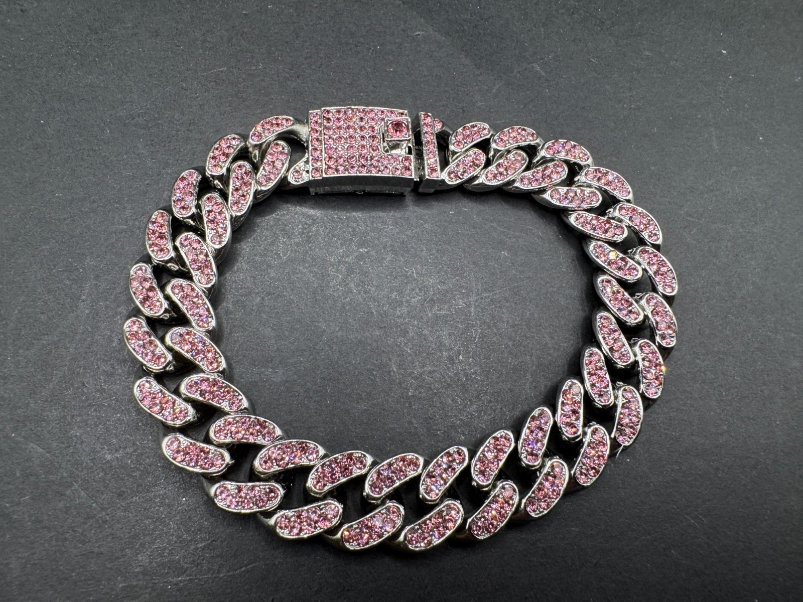 Miami Pink Iced Out Bling CZ Rhinestones Cuban Link Bracelet Sz 7.5″