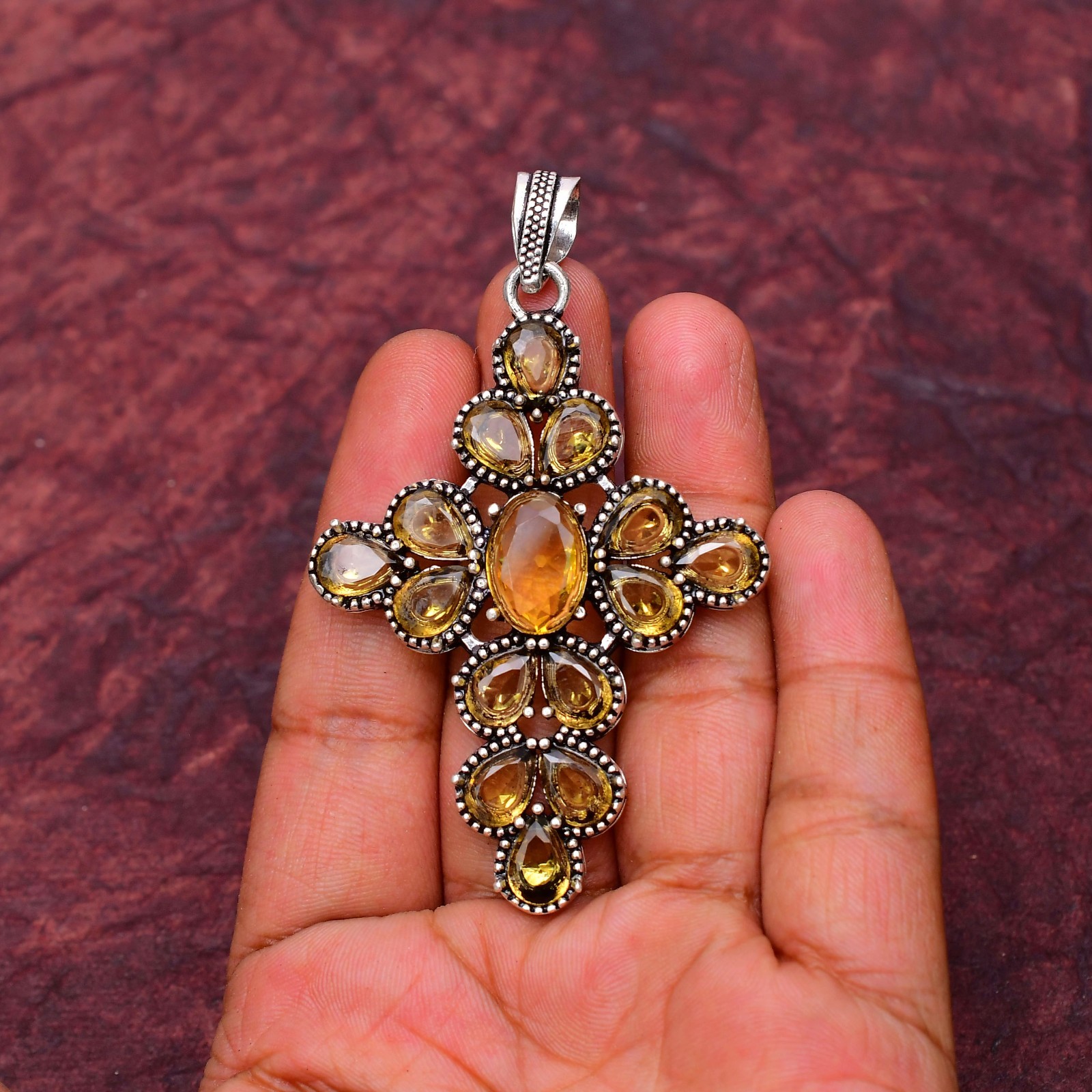 Citrine Gemstone 925 sterling silver Handmade Cross Pendant jewelry 2.75″