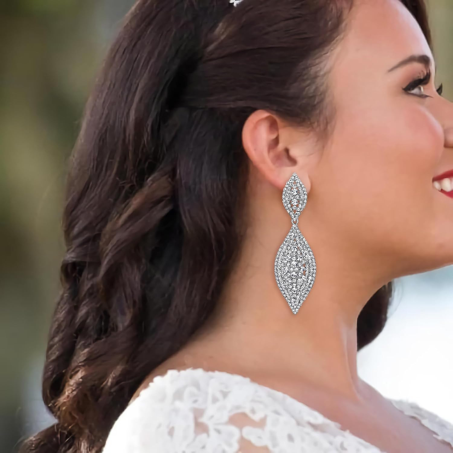 Women’S Rhinestone Crystal Wedding Bridal 2 Leaf Drop Dangle Chandelier Earrings