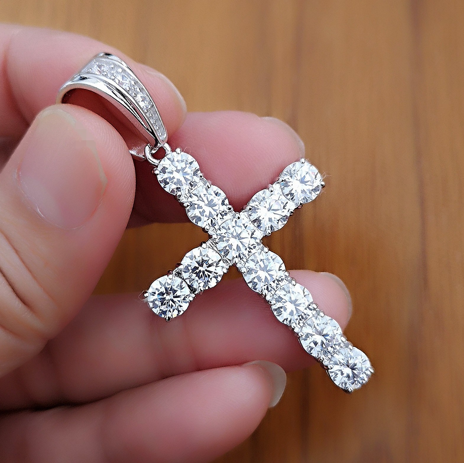 Real Solid Silver/ 14K Gold Plated 10 Ct Simulate Diamond Cross Pendant Necklace