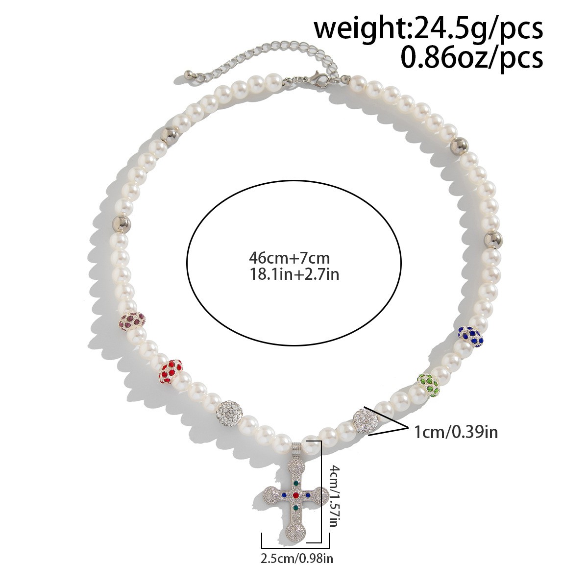 Alloy Imitation Pearl Cross Necklace Men Cubic Zirconia Beaded Pendant Jewelry