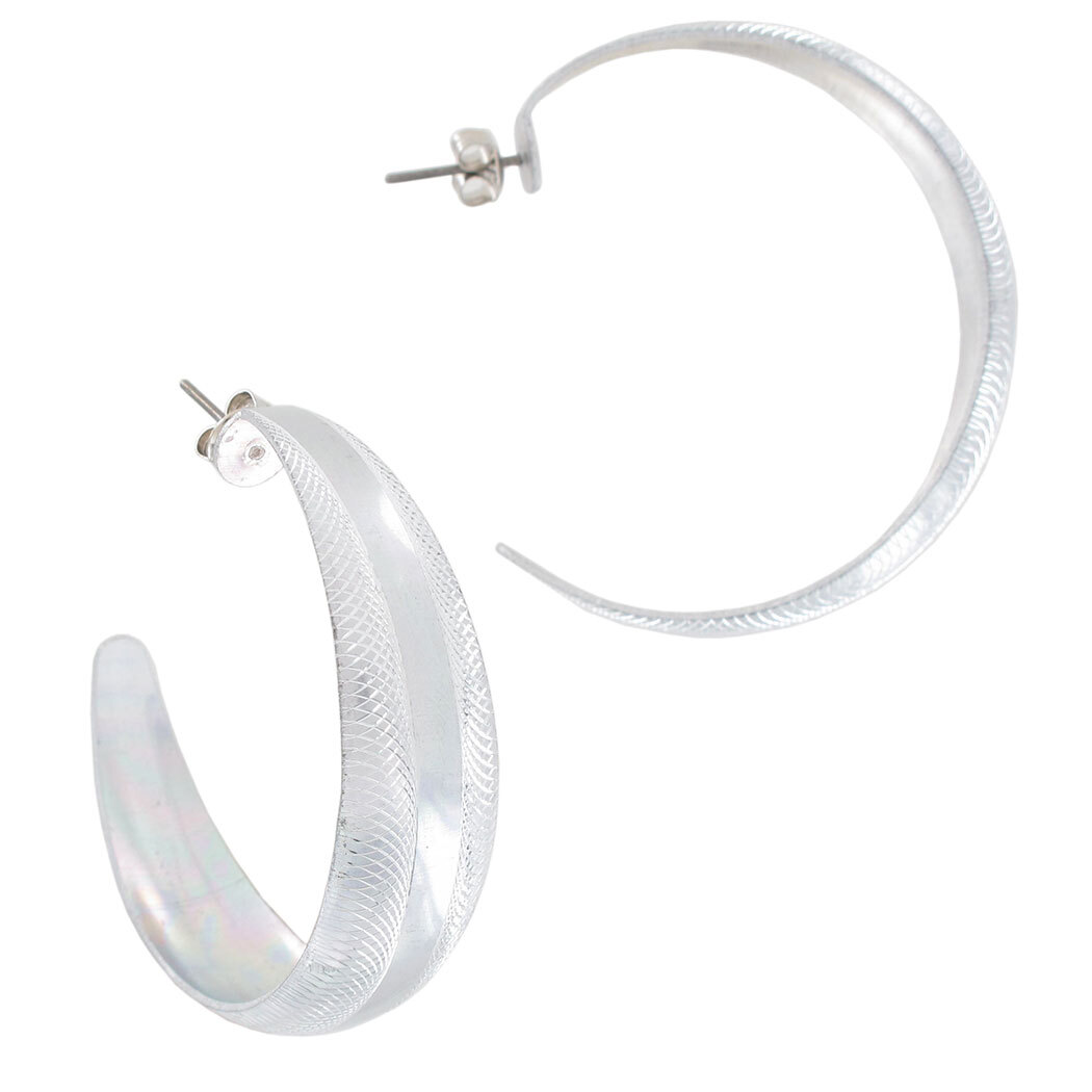 Pierced Hoop Earrings Silver Tone 1 3/4″ Silver Stripe