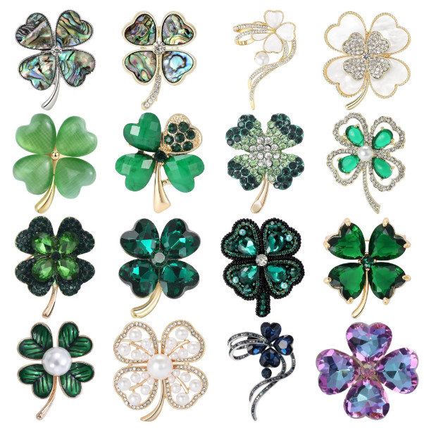 Shamrock Green Rhinestone 4 Leaf Clover Vintage Gold Pin Brooch Jewelry Gift