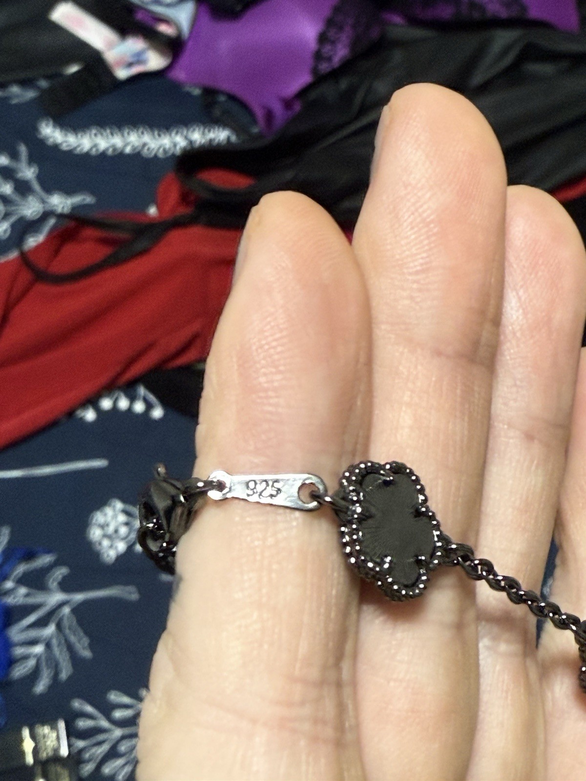 MODRSA 925 Sterling Silver Chain Bracelet Dark Gray Black Flowers Goth Witchy