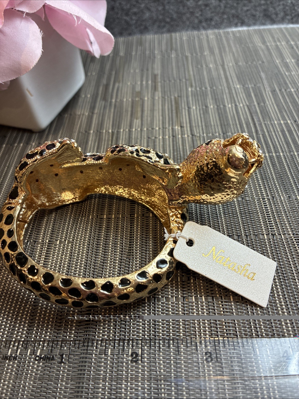 Natasha Gold Leopard Panther Cuff Bracelet Rhinestone, Enamel Green Eyes.