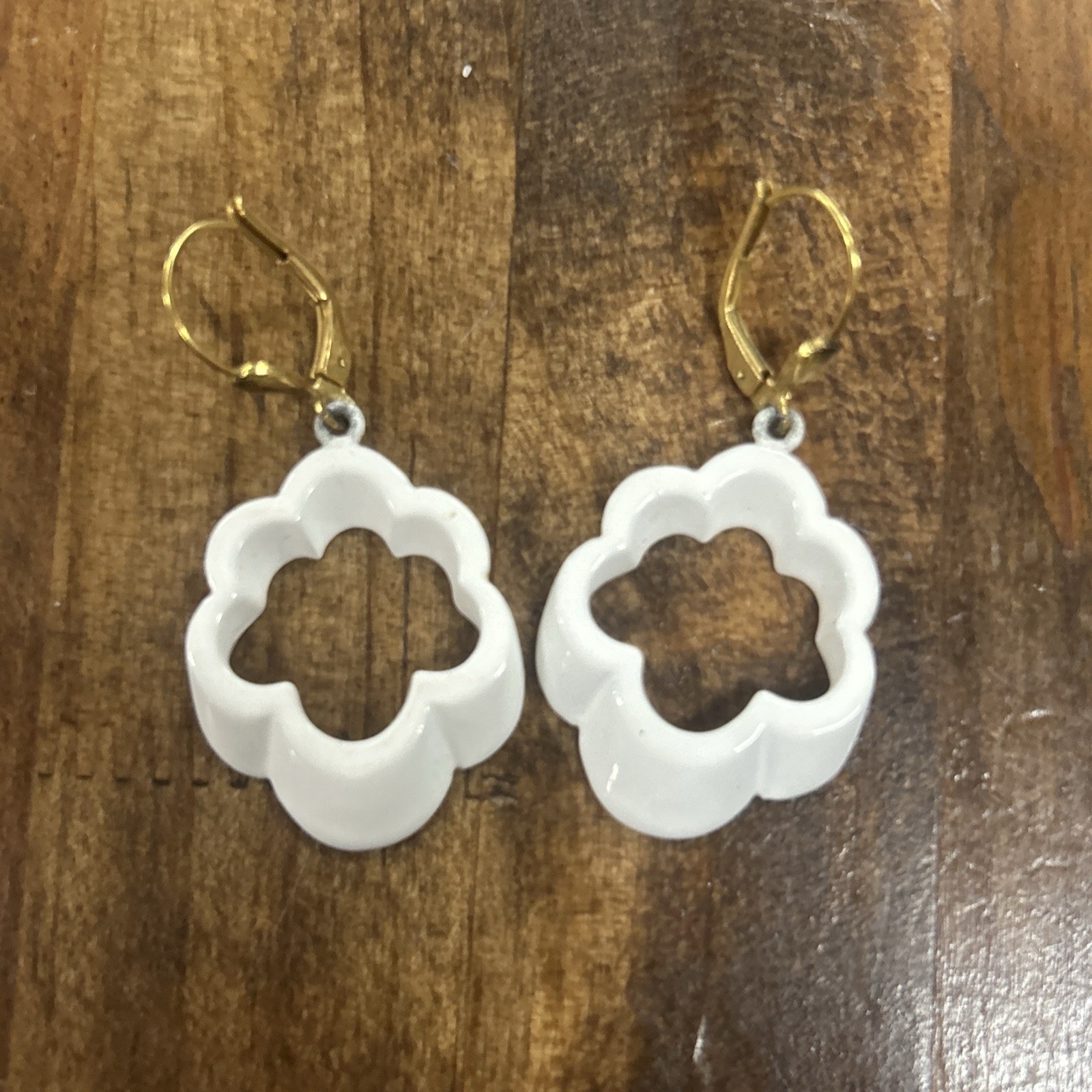 Gold Tone White Enamel Cloud Dangle Earrings