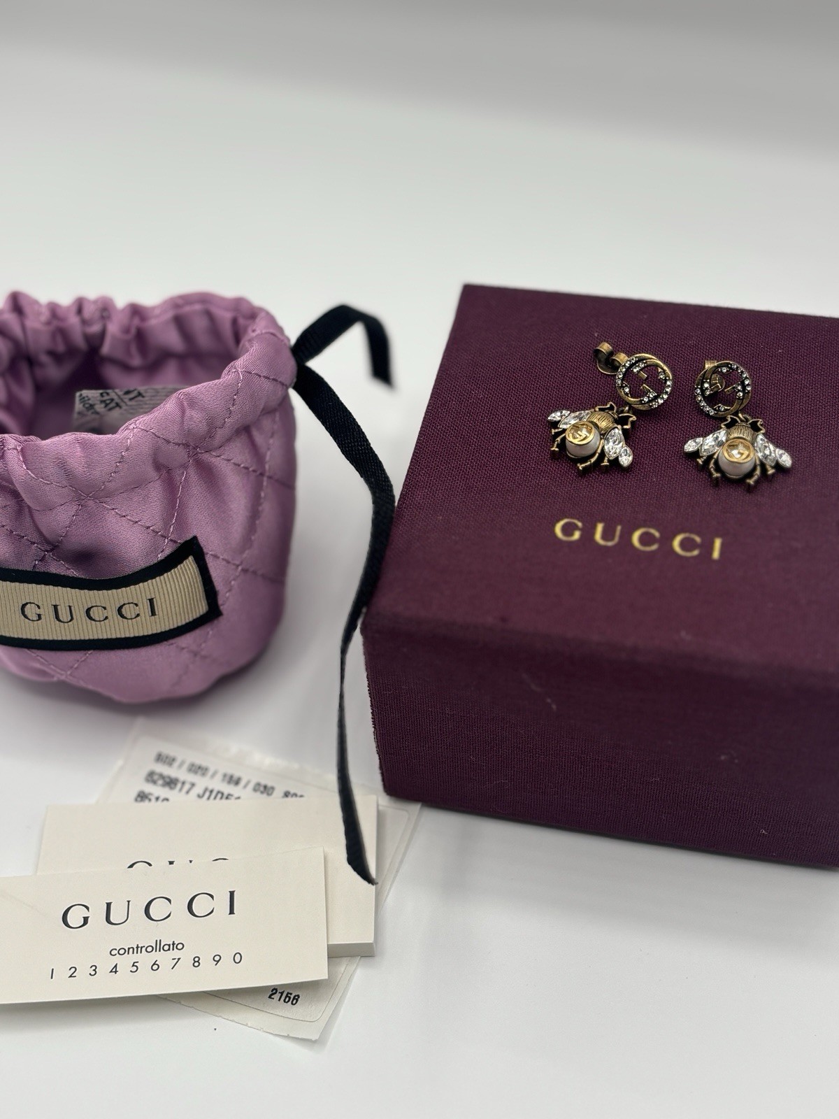 GUCCI Earrings Limited Vintage Rare AUTH Logo Gold Bee Motif Pearl Rhinestone Gp