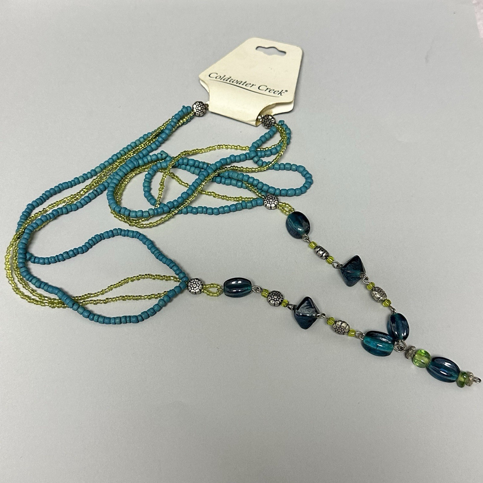 Coldwater Creek Beaded Necklace Silver Tone Green Blue Glass Beads Long Length