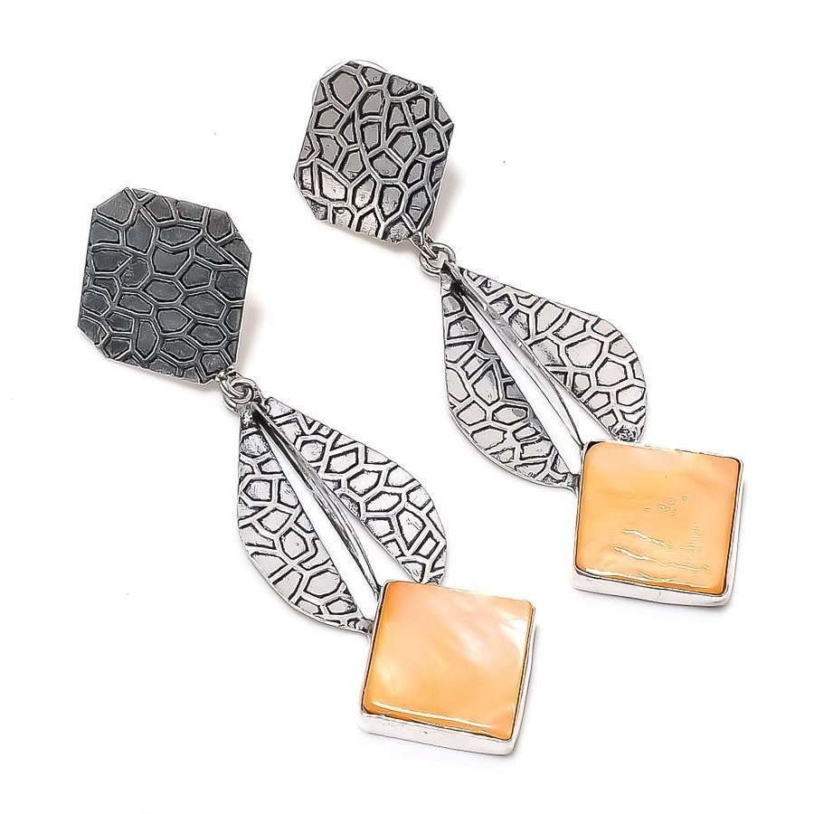 Orange Mother Of Pearl Gemstone Drop Dangle Gift Jewelry Earrings 2.80″ MXE 5071