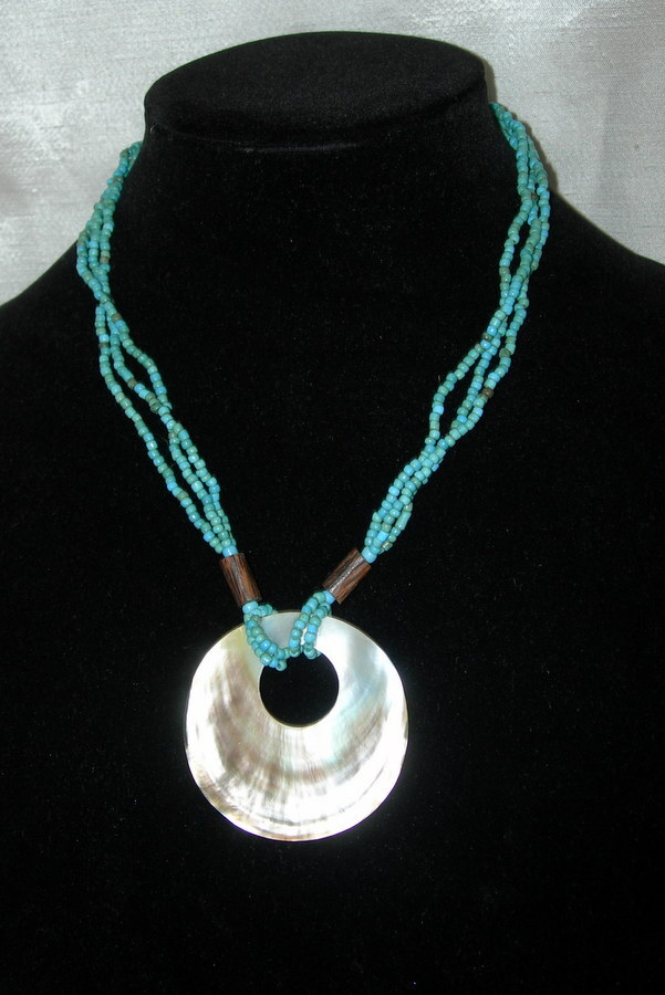 Santa Fe Style Turquoise Color Bead Three Strand Necklace with Shell Centerpiece