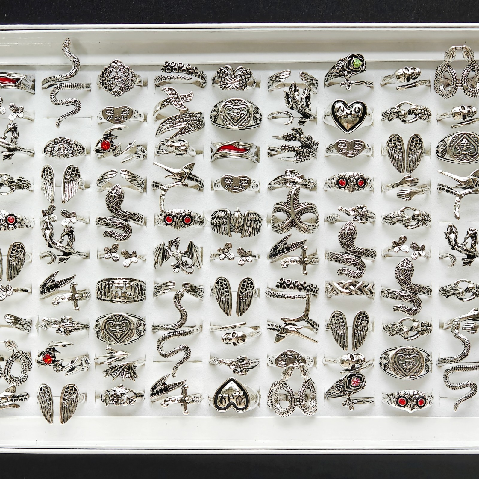 Bulk Lot 25/50pcs Gothic Y2K Rings Mix Design Silver Tone Open Animals Punk Gift