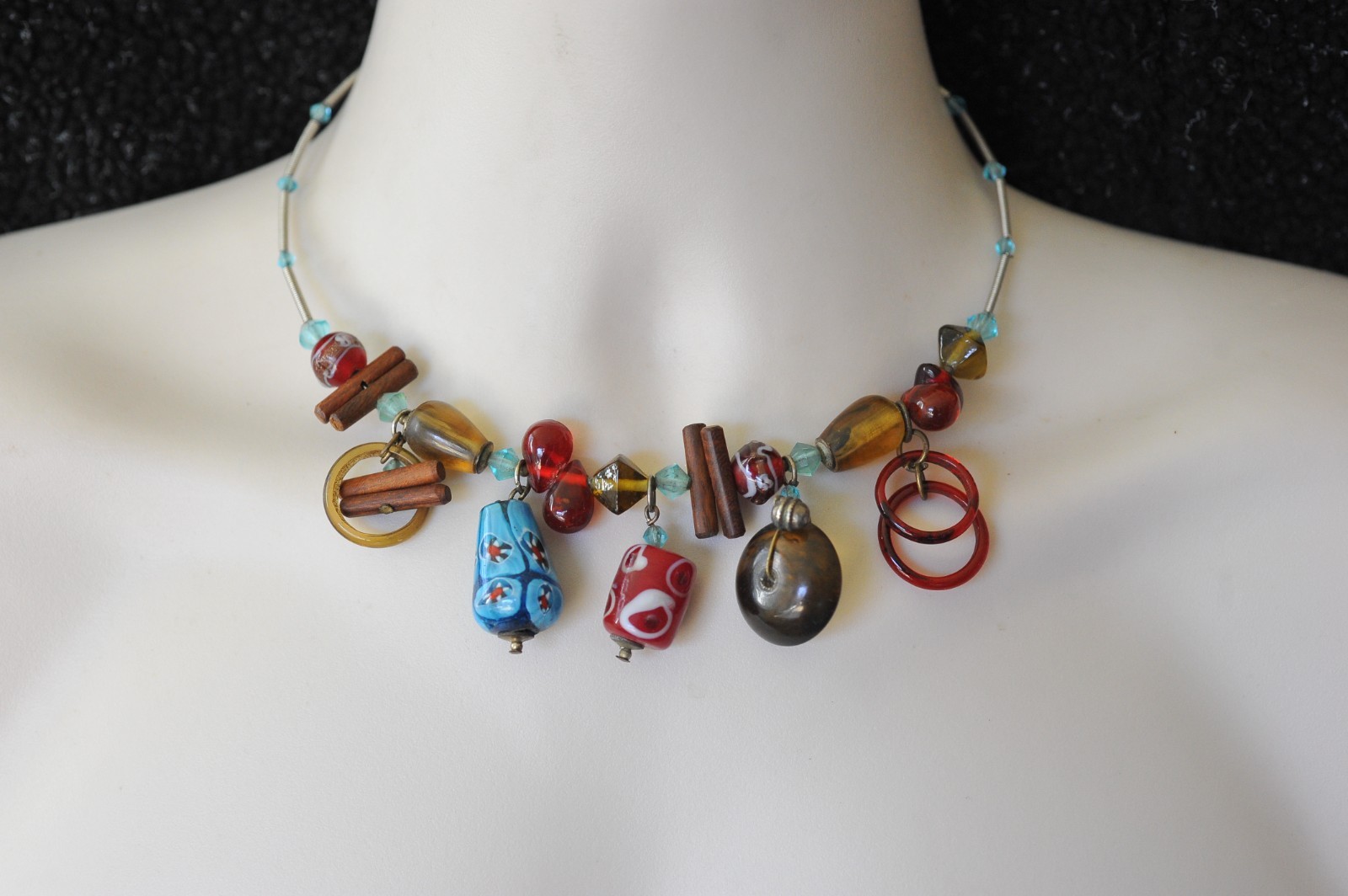 Wire Wrap Choker Beaded Charm Multicolor Necklace BOHO blue dangle MH14
