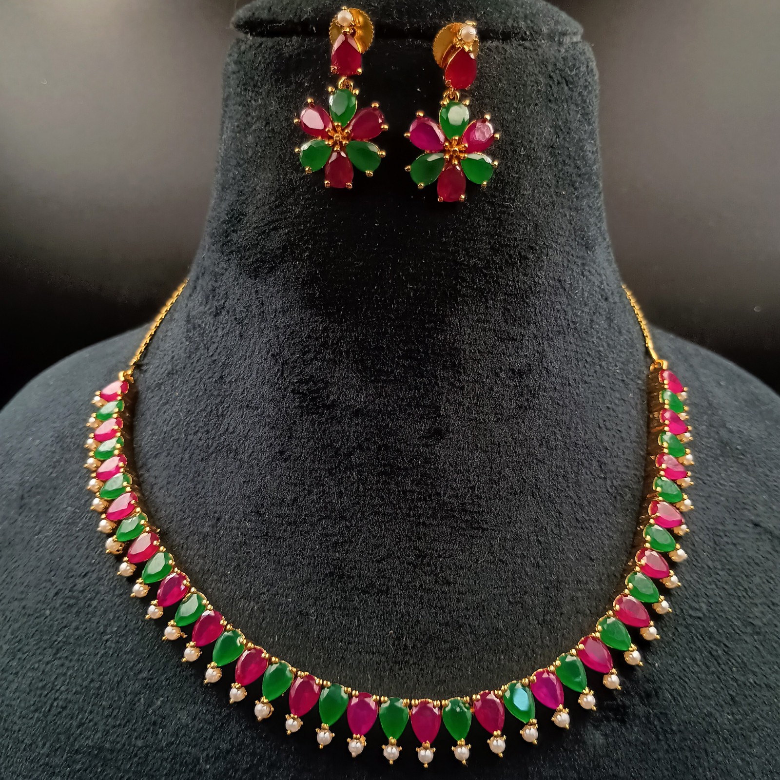 Handcrafted Ruby Emerald Pearl Jewelry Set 22k Gold Plated Ethnic Statement Set