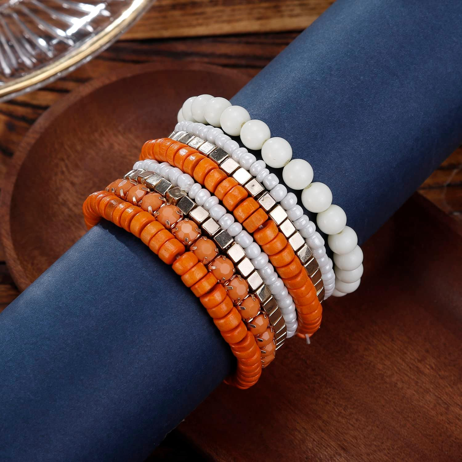 Bohemian Beads Cube Multi Strand Stretch Stackable Bangle Bracelet Set (Bl003172
